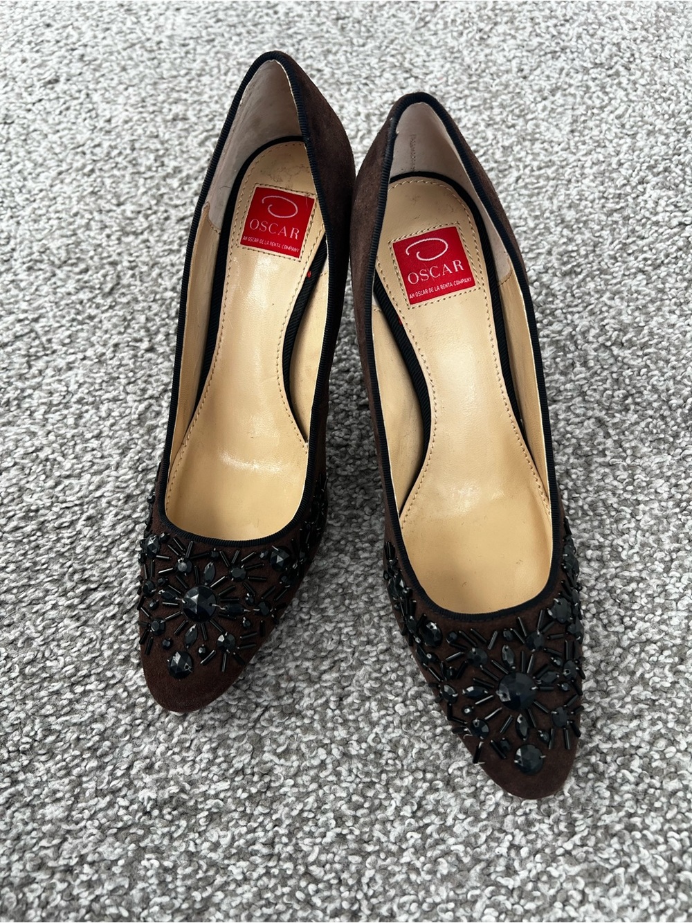 Oscar de la Renta Brown Suede Jeweled Pointed-Toe Pumps
